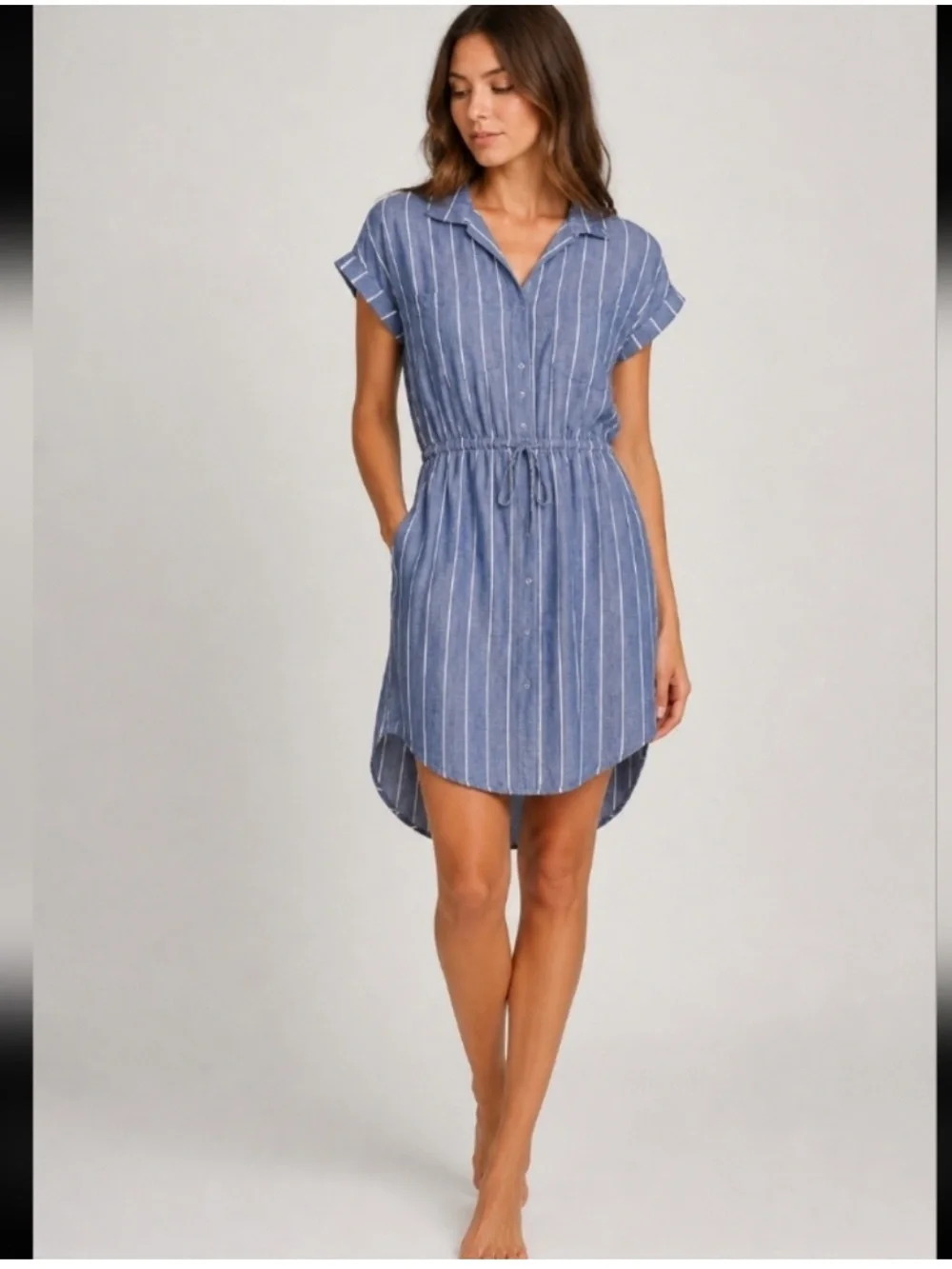 Japna Blue White Stripe Shirt Dress Tie Waist Linen Blend Size Large